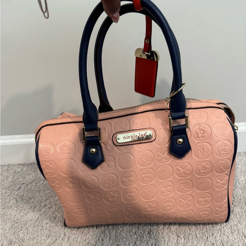 Nicole Lee Ezra Monogram light pink and navy blue Boston bag